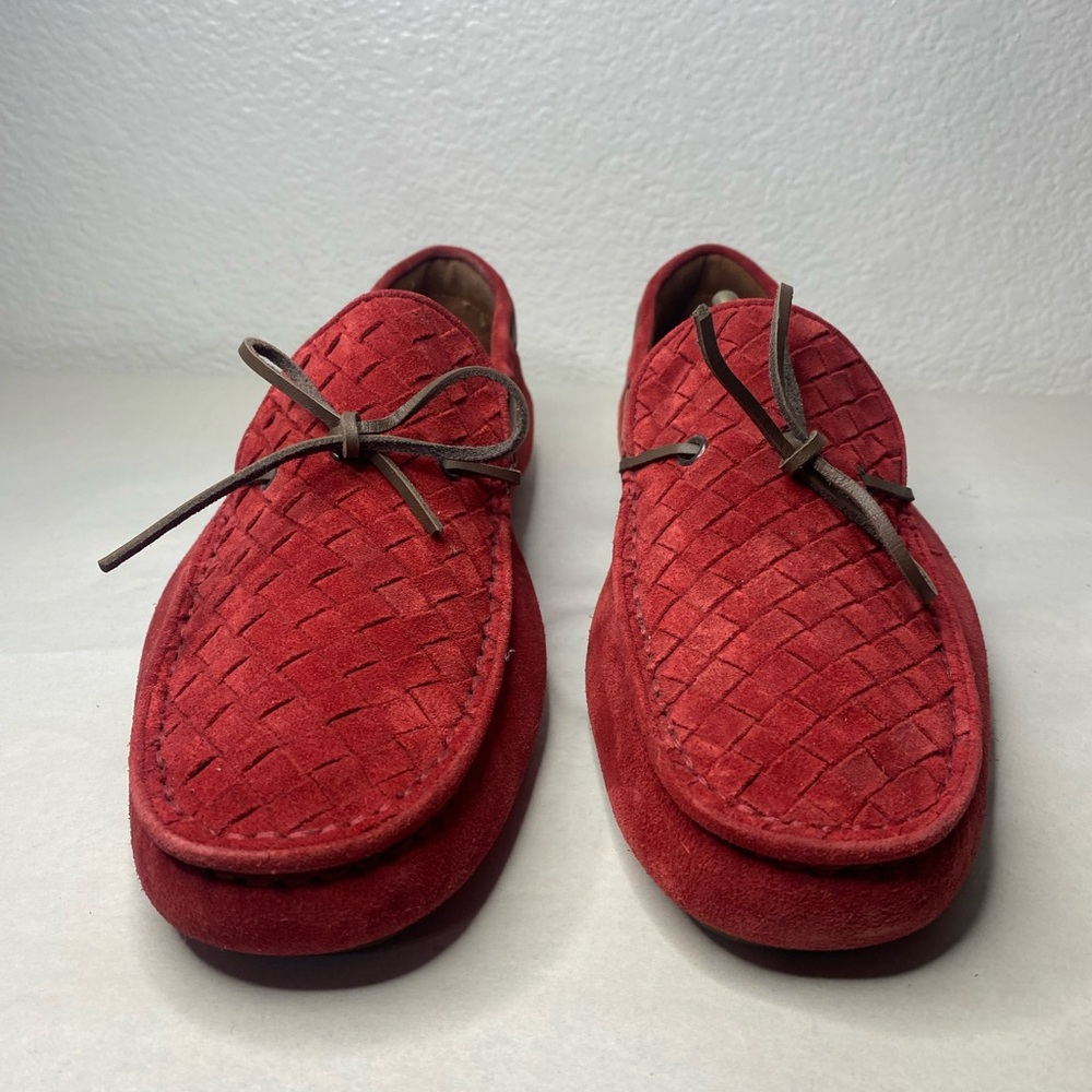 Bottega Veneta Red Intrecciato Suede Bow Slip On Loafers